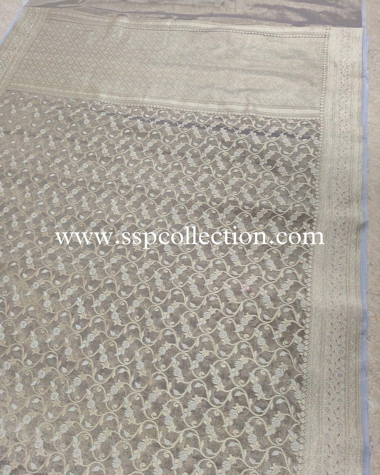 Light-Grey Premium Cotton-Tissue Alfi Banarasi Saree