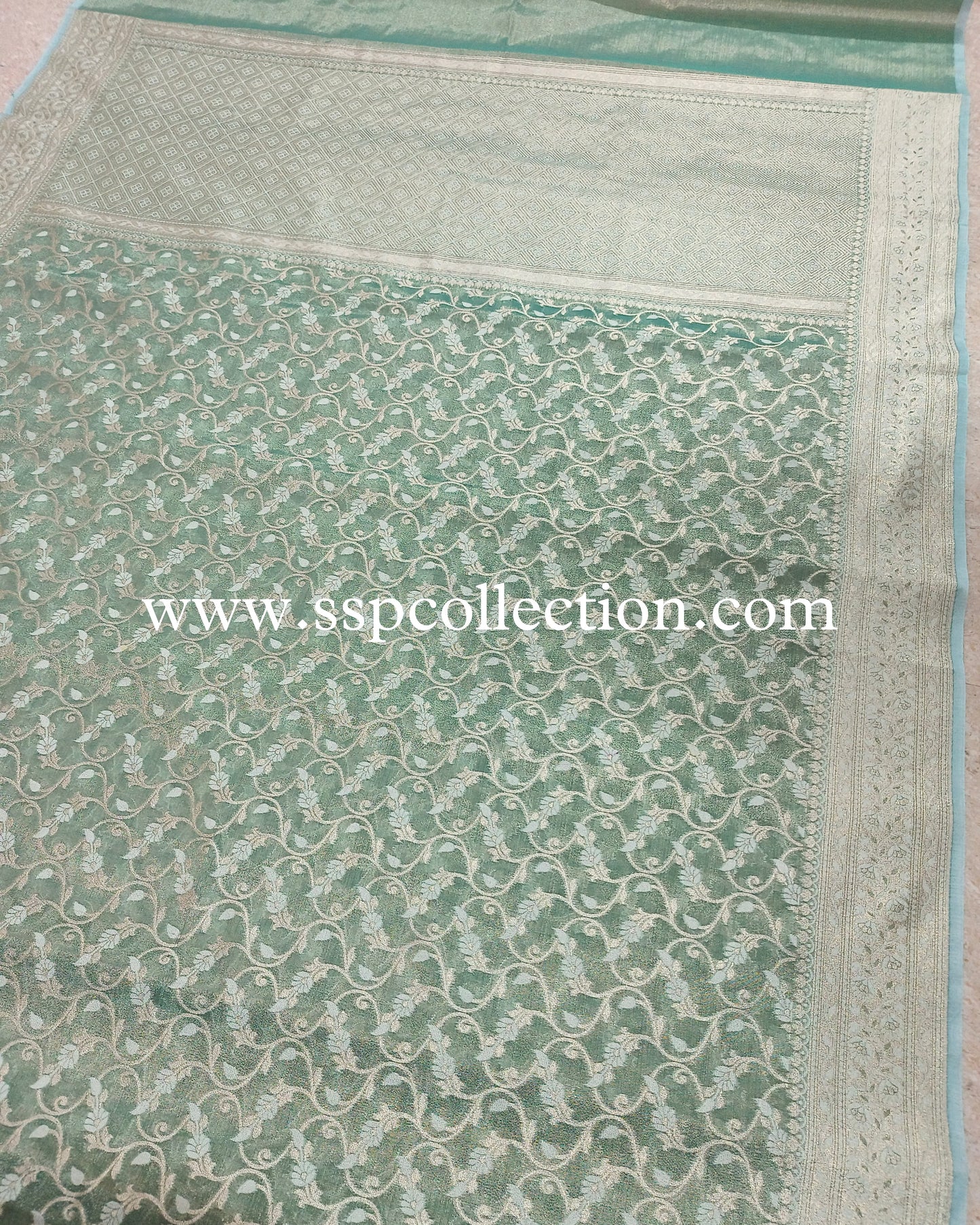 Ice-Green Premium Cotton-Tissue Alfi Banarasi Saree