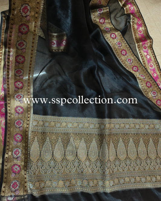 Charcoal-Gray Paithani Pure Tissue Silk Banarasi Saree