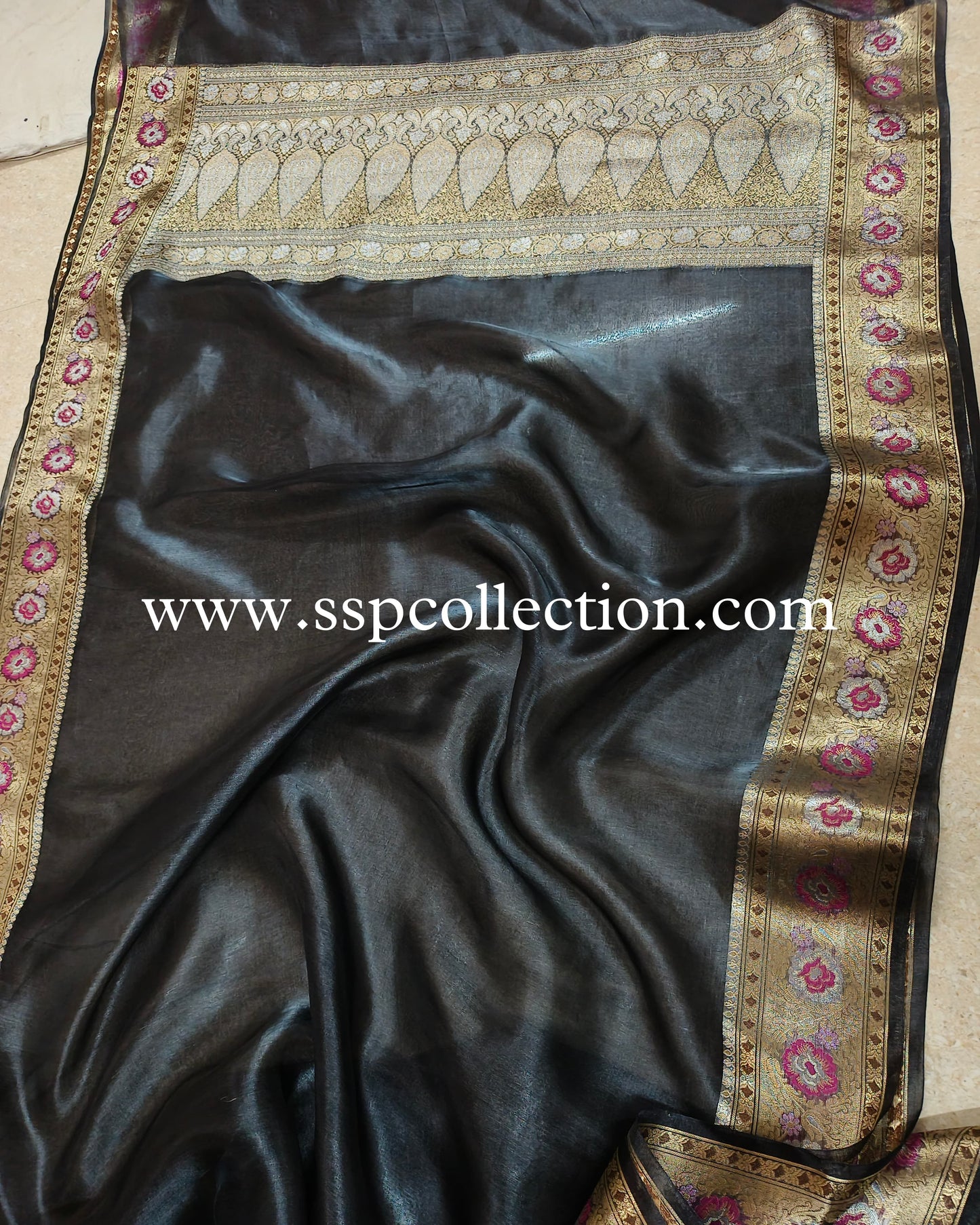 Charcoal-Gray Paithani Pure Tissue Silk Banarasi Saree