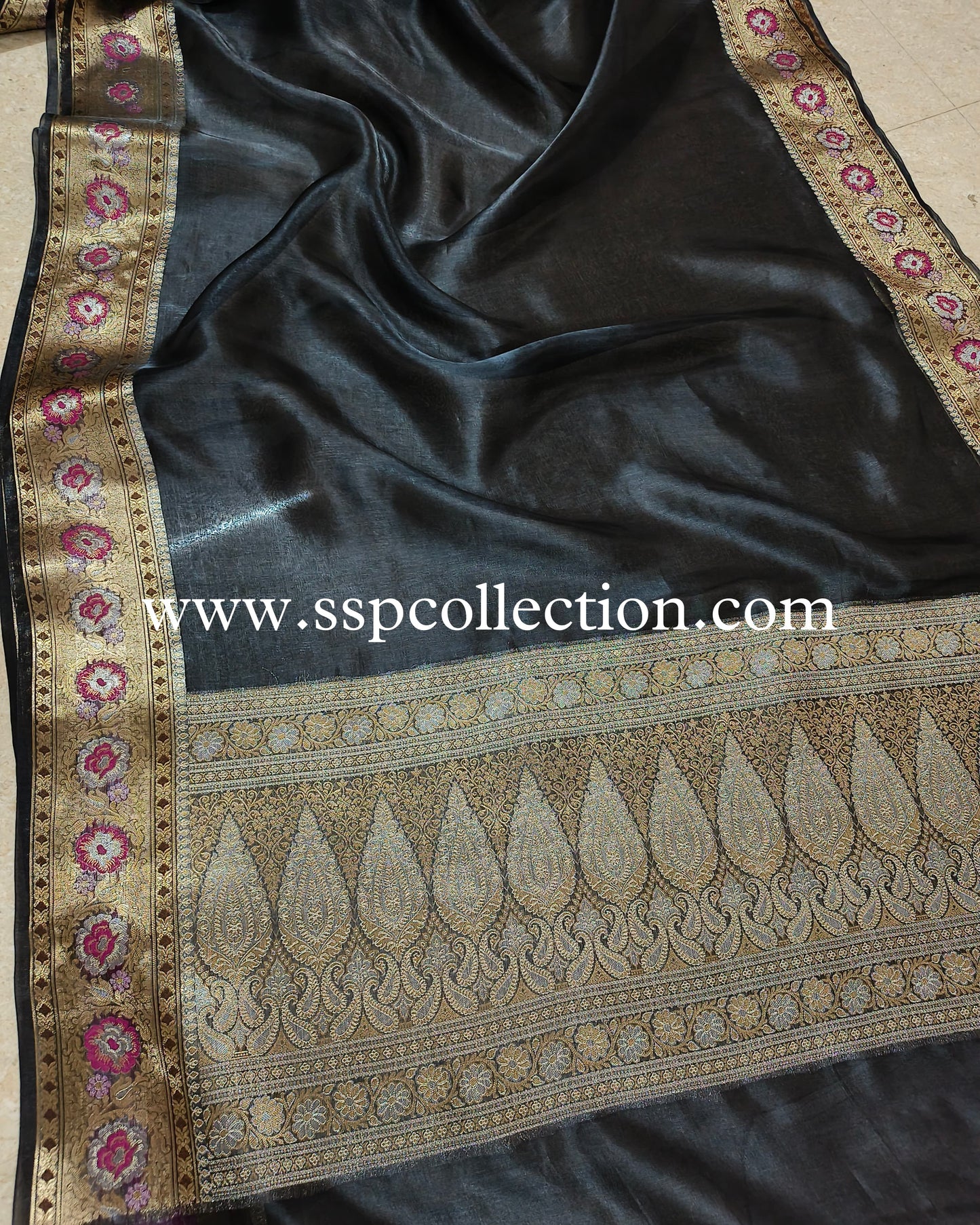 Charcoal-Gray Paithani Pure Tissue Silk Banarasi Saree