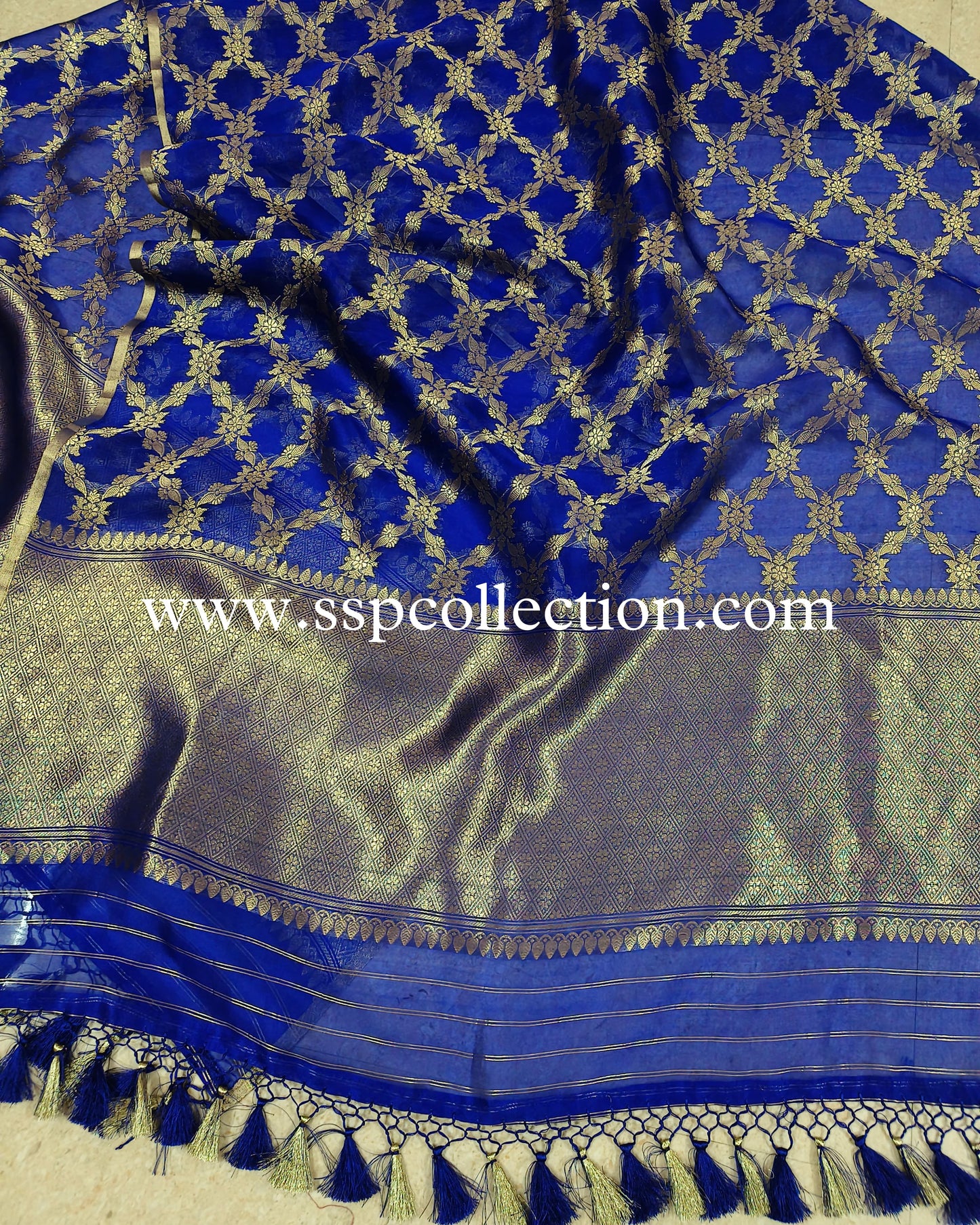 Royal-Blue Pure Kora Silk Banarasi Dupatta