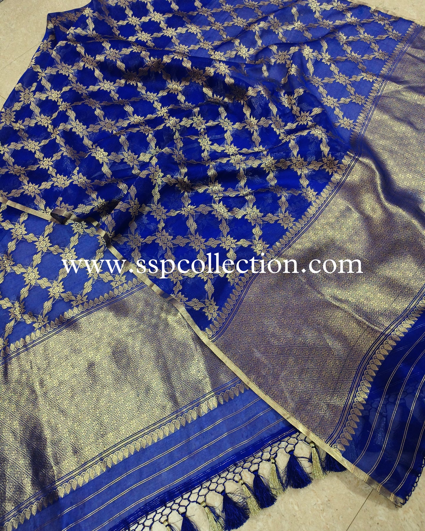 Royal-Blue Pure Kora Silk Banarasi Dupatta