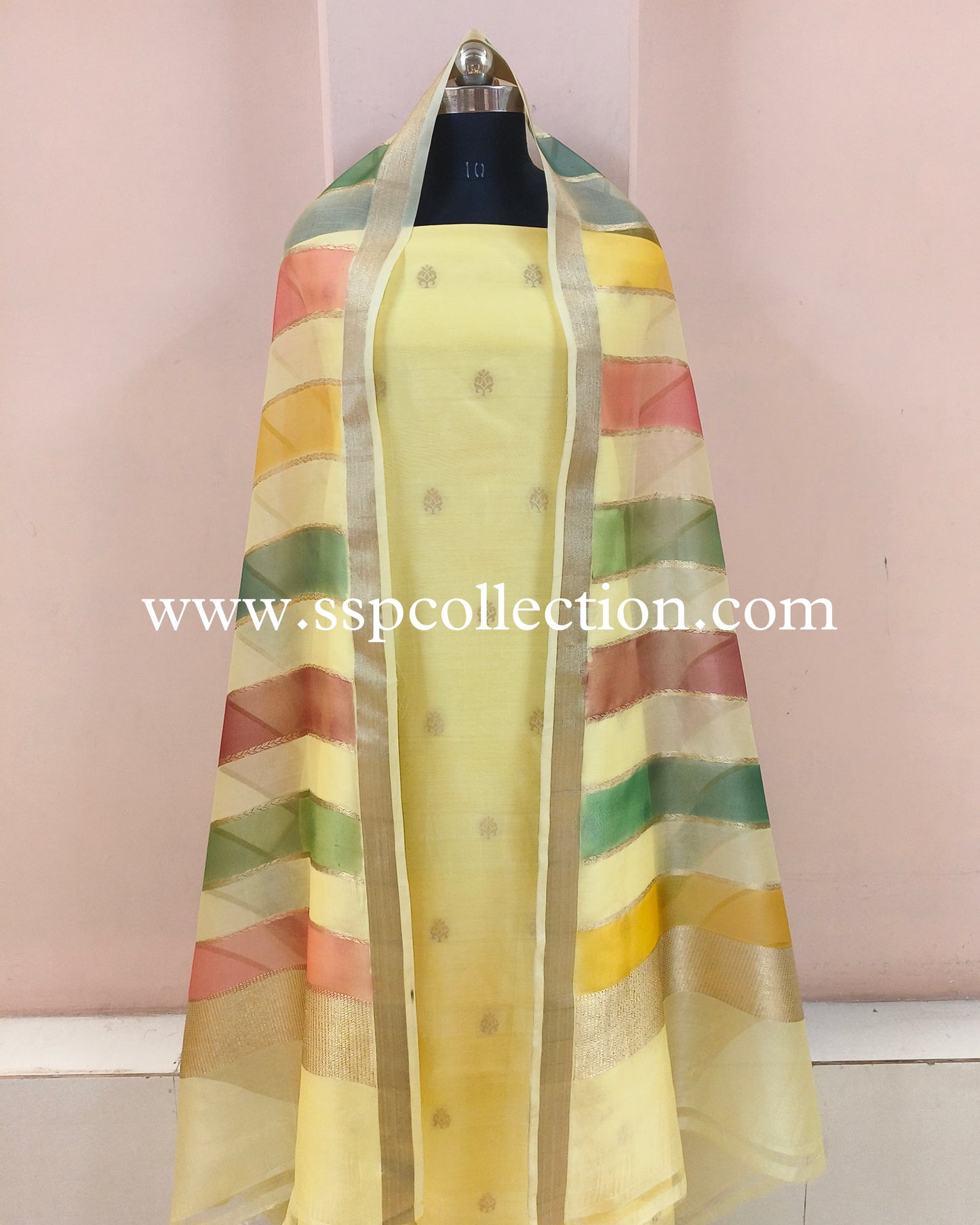 Light-Yellow Rangkaat-Dye Pure Banarasi Suit