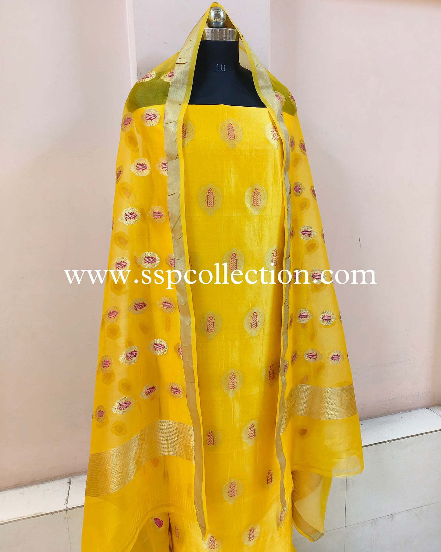 Yellow-Gold Meenakaari Pure Banarasi Silk Suit