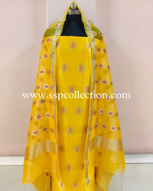 Yellow-Gold Meenakaari Pure Banarasi Silk Suit