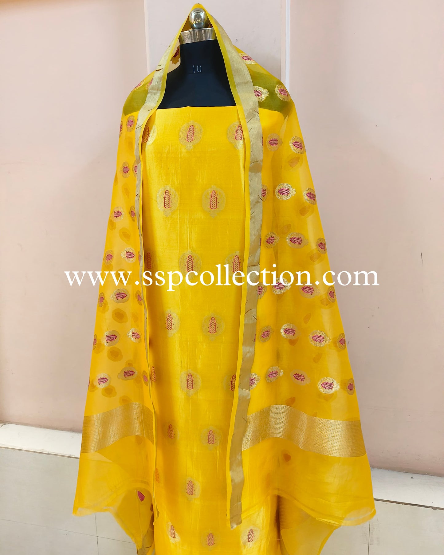 Yellow-Gold Meenakaari Pure Banarasi Silk Suit