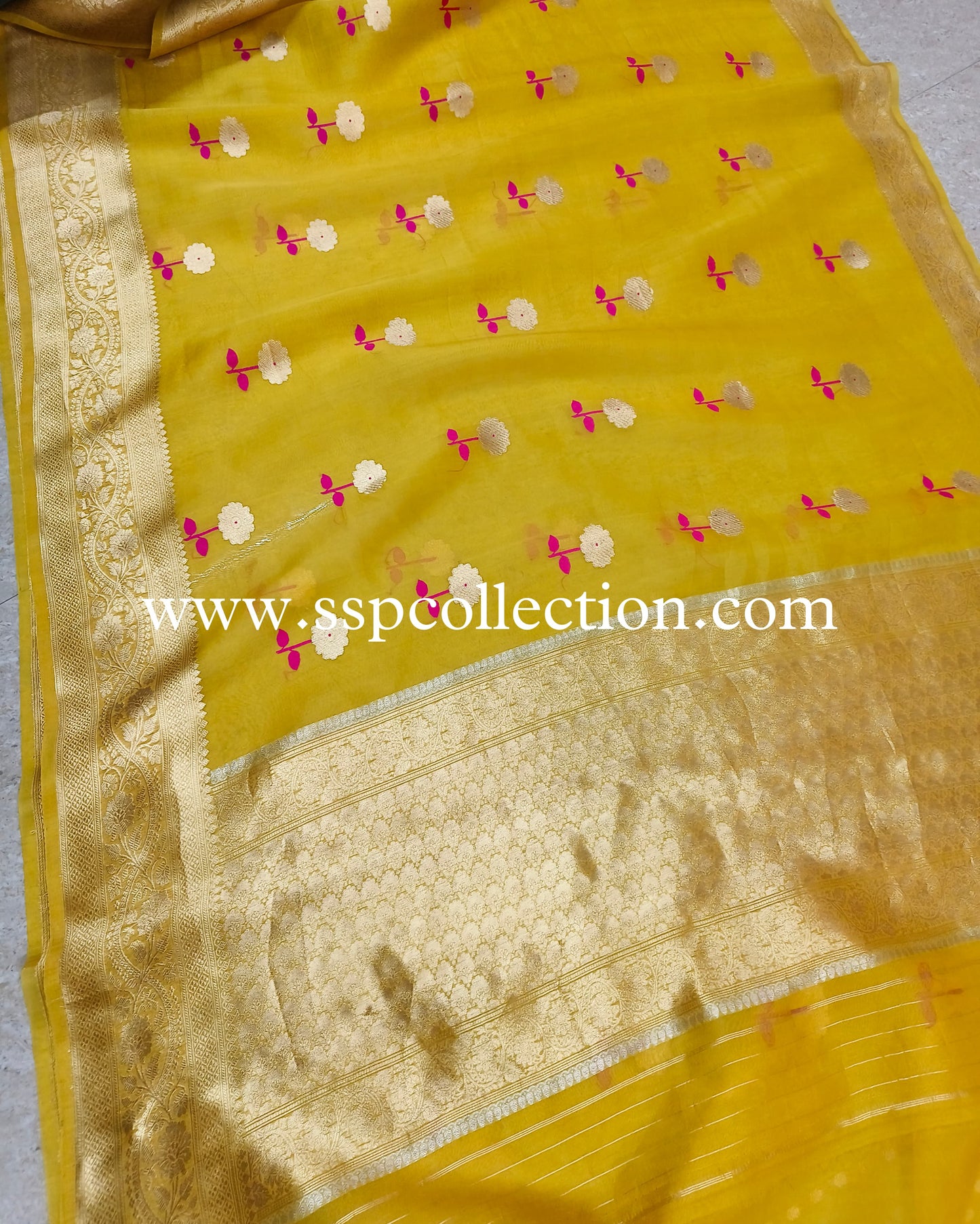 Yellow Pure Kora Silk Meenakaari Banarasi Saree