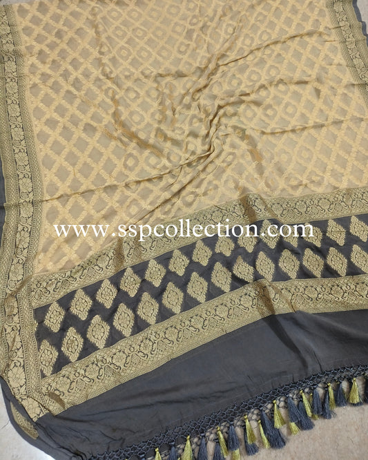 Gray & Beige Pure Georgette Banarasi Dupatta