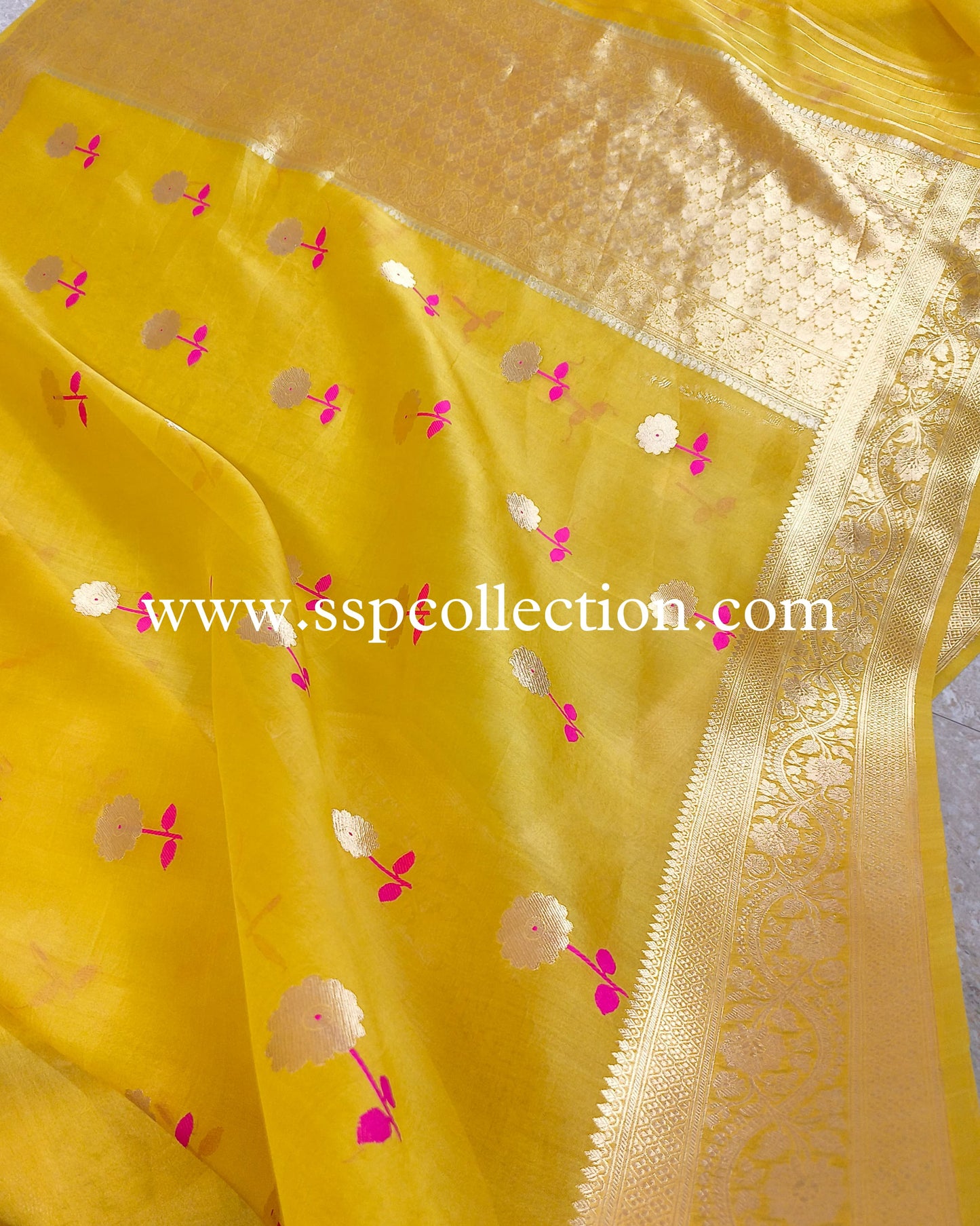 Yellow Pure Kora Silk Meenakaari Banarasi Saree