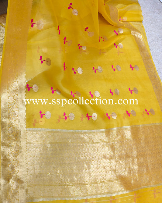 Yellow Pure Kora Silk Meenakaari Banarasi Saree