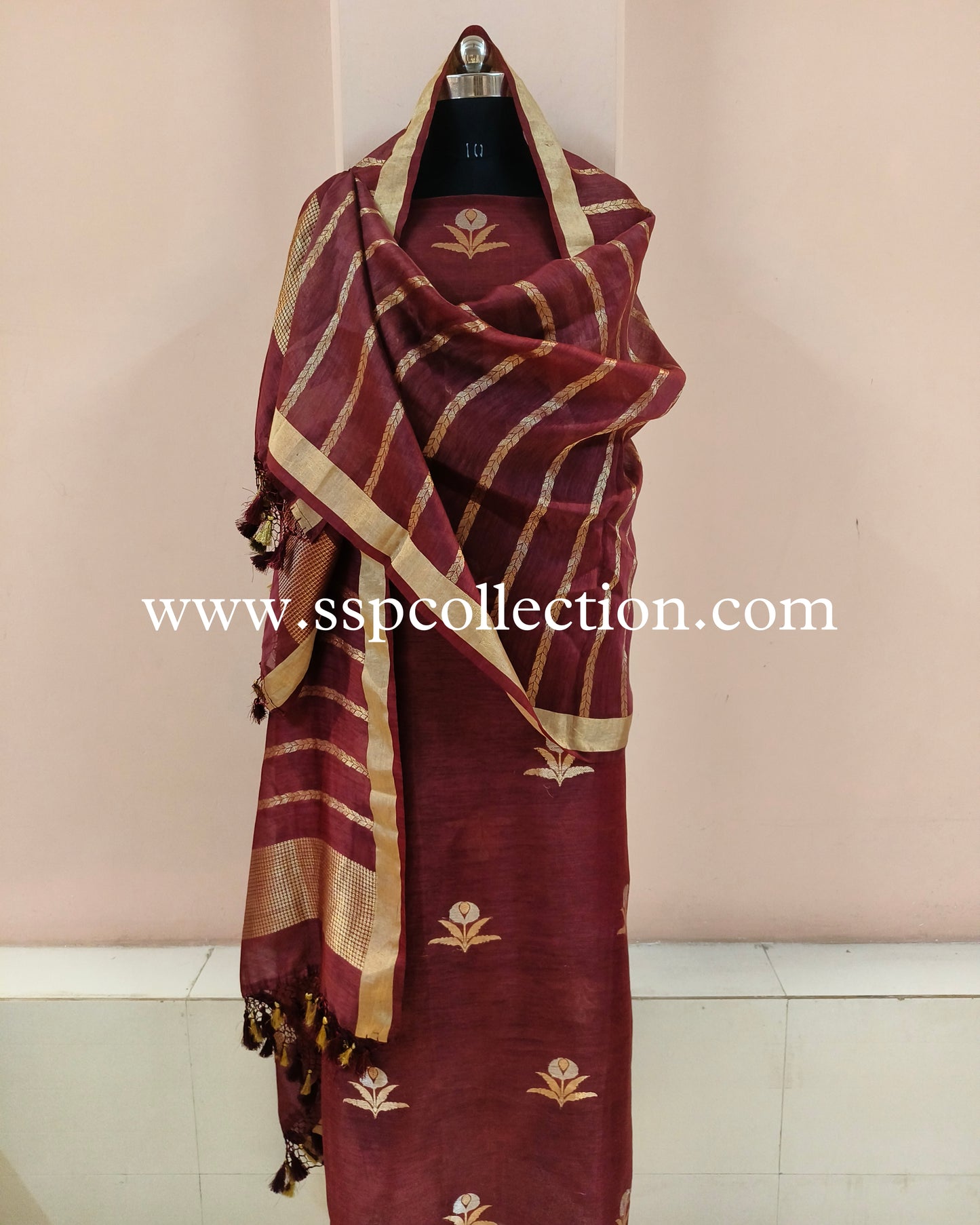 Wine Pure Linen Banarasi Suit