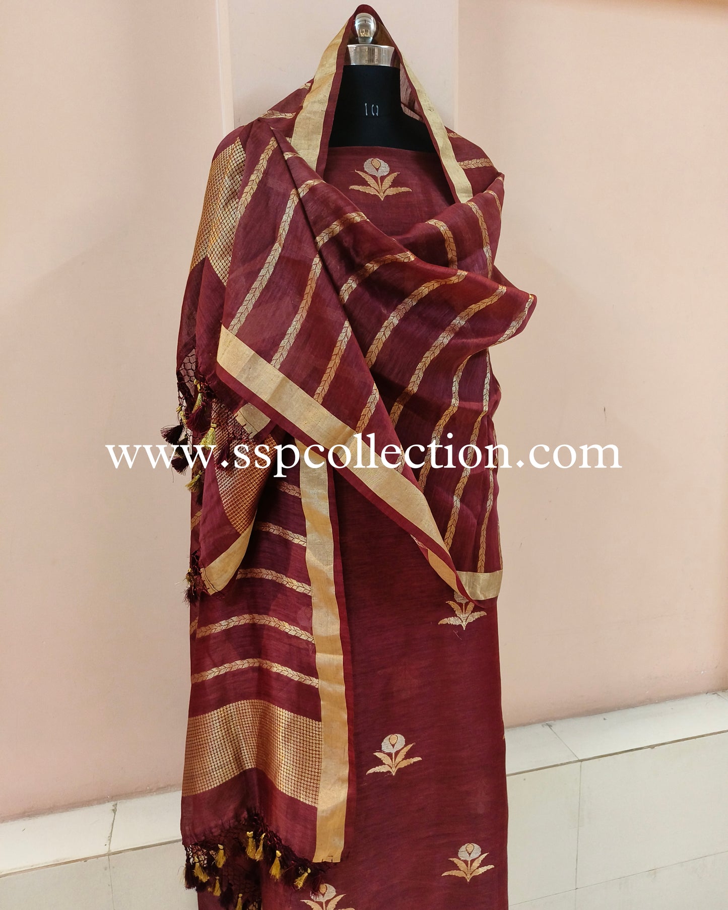 Wine Pure Linen Banarasi Suit