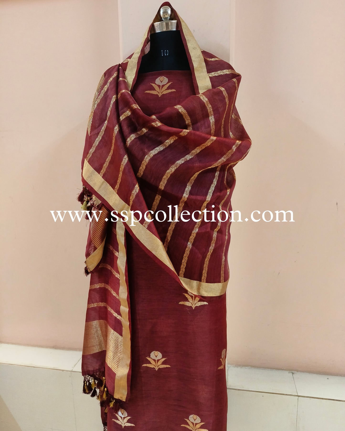 Wine Pure Linen Banarasi Suit